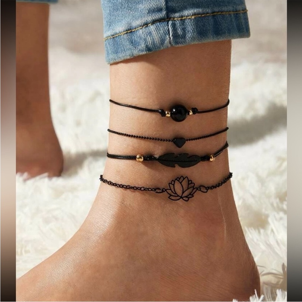 Black and Gold Beaded Lotus Flower Anklet Set
